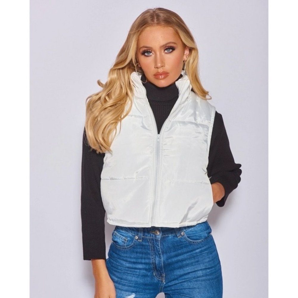 White Sleeveless Cropped Padded Vest Jacket Gilet - Picture 5 of 13